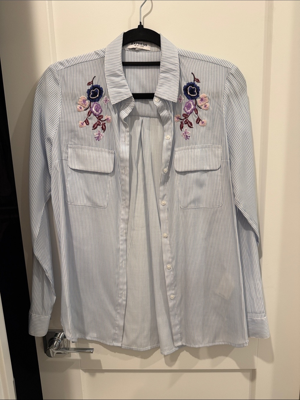 Light Blue Striped Embroidered Button-Up Shirt